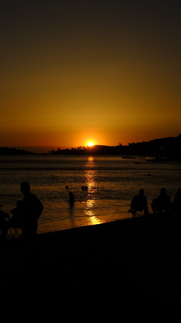 silhouettes of people on the beach at sunset