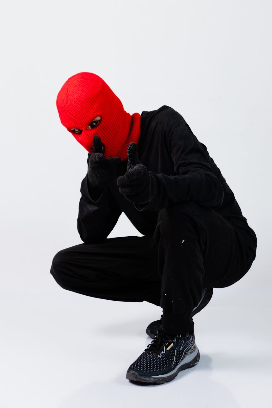 model posing in ski mask