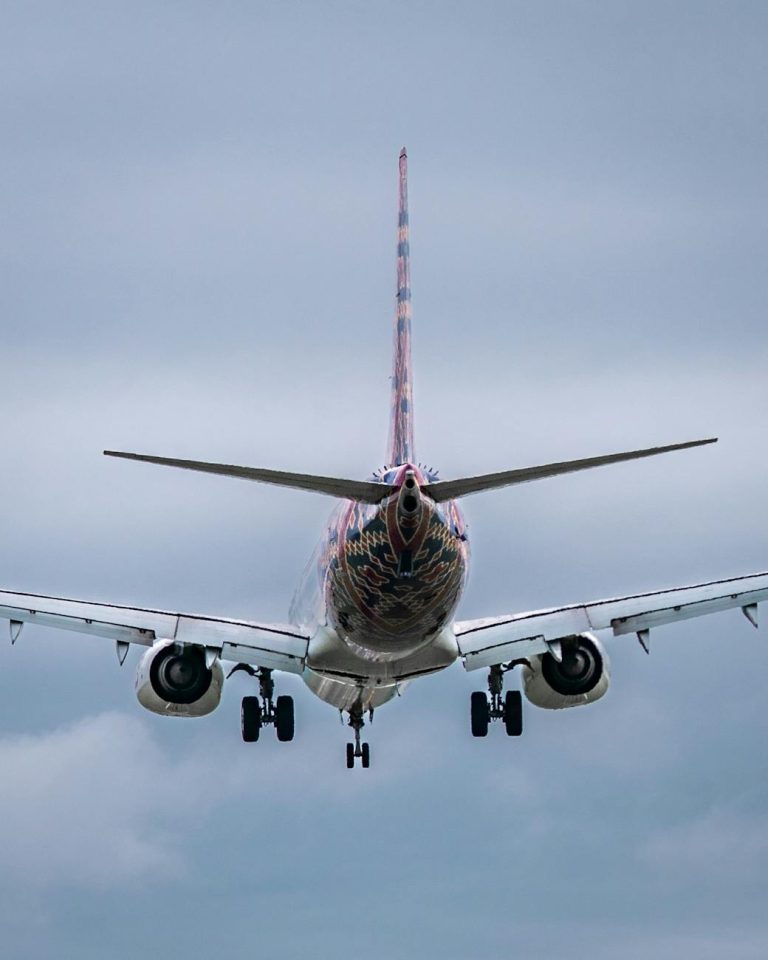 passenger plane landing against cloudy sky