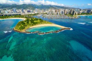 aerial view of island near city buildings