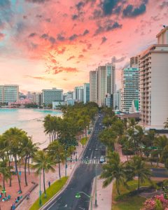 pink scenic sunset above tropical resort